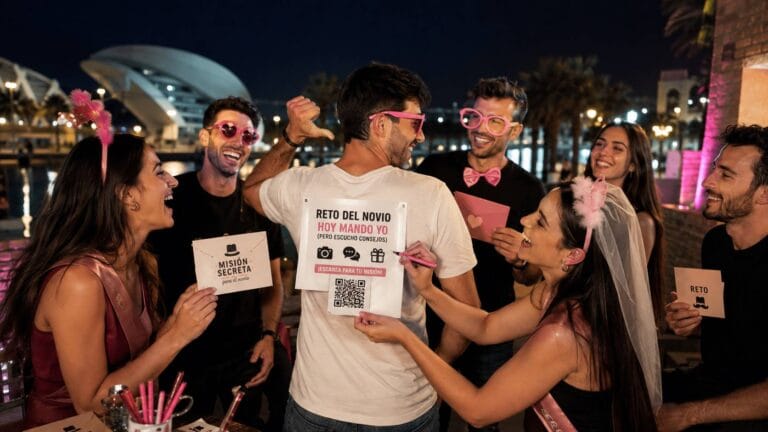Grupo de amigos preparando bromas y retos para una despedida de soltero y soltera en Valencia