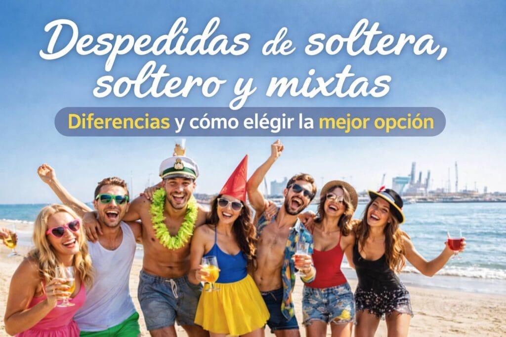 Grupo de amigos celebrando una despedida en la playa, representando despedidas de soltera, soltero y mixtas en Valencia