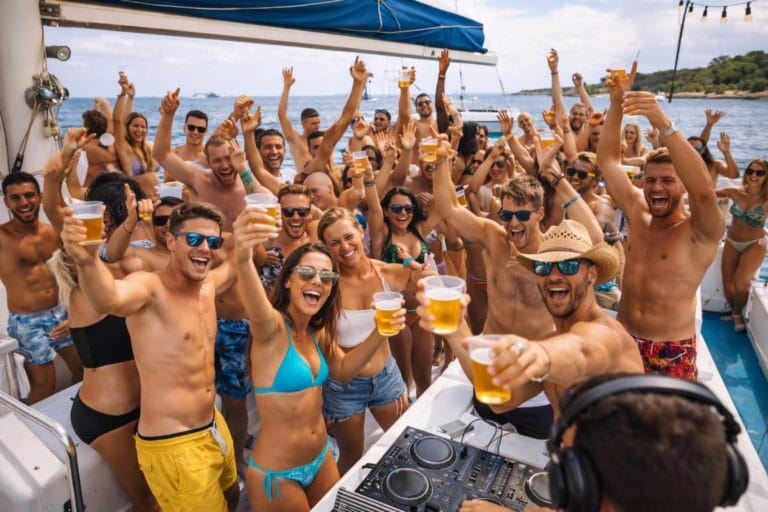 Fiesta en barco en Gandía con DJ y grupo grande en catamarán, celebrando una despedida