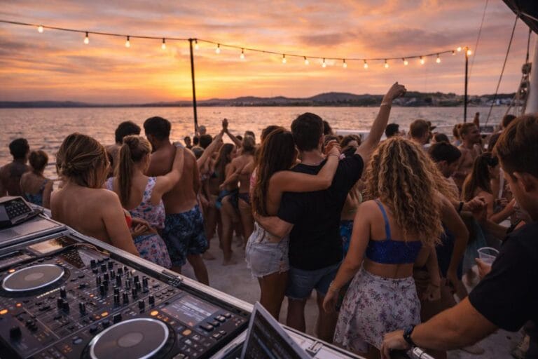 Tardeo en catamarán en Gandía al atardecer con DJ y gente bailando en fiesta en barco