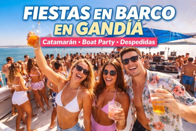 Fiesta en barco en Gandía en catamarán con grupo celebrando y música a bordo