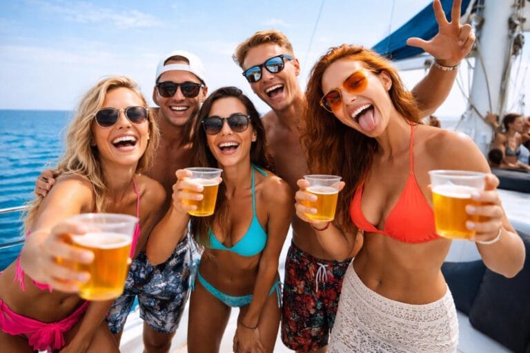 Despedida en barco en Gandía con chicas y chicos en catamarán, ambiente de boat party