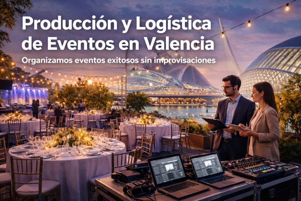 Producción y logística de eventos en Valencia con equipo profesional coordinando un evento corporativo