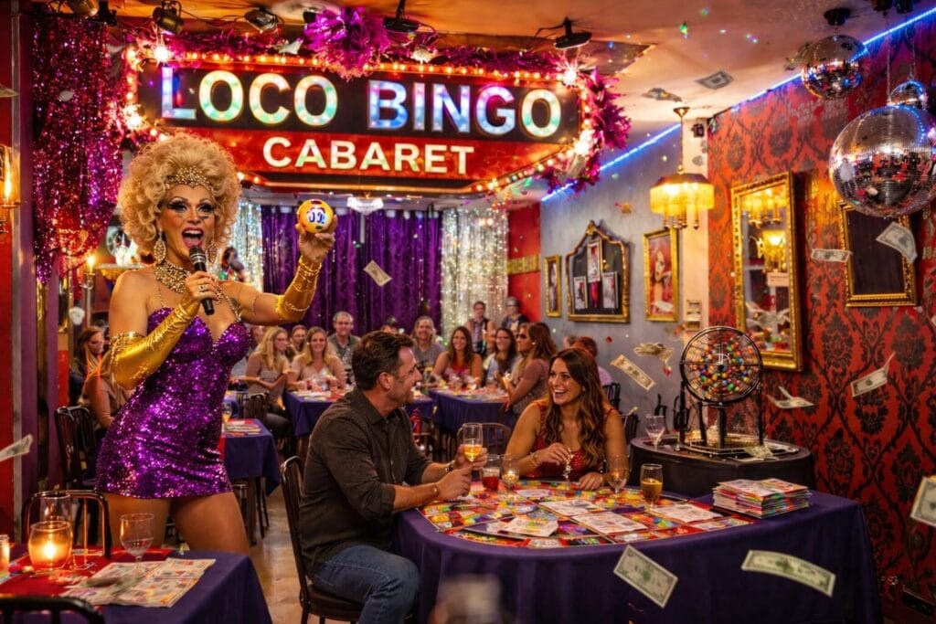 Ambiente de loco bingo cabaret en Valencia con drag queen animando a los grupos en un restaurante con juego y espectáculo