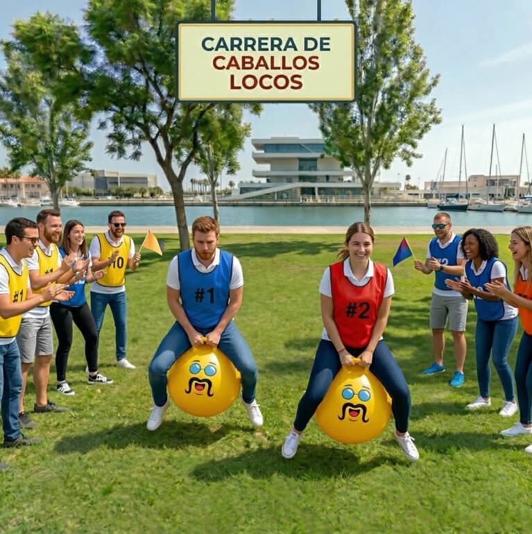 Participantes compitiendo en la carrera de caballos locos de humor amarillo en Valencia