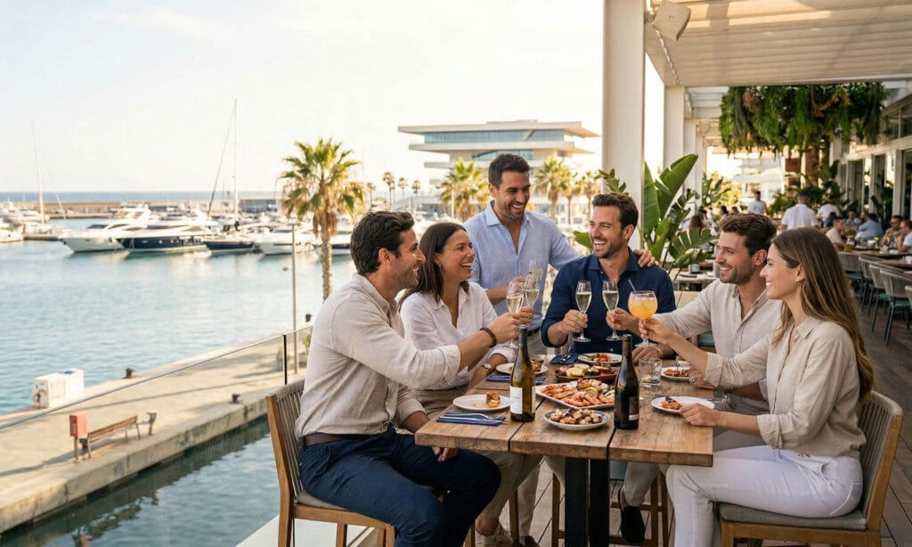 Grupo brindando en una terraza frente al puerto de Valencia durante una comida para despedida de soltero