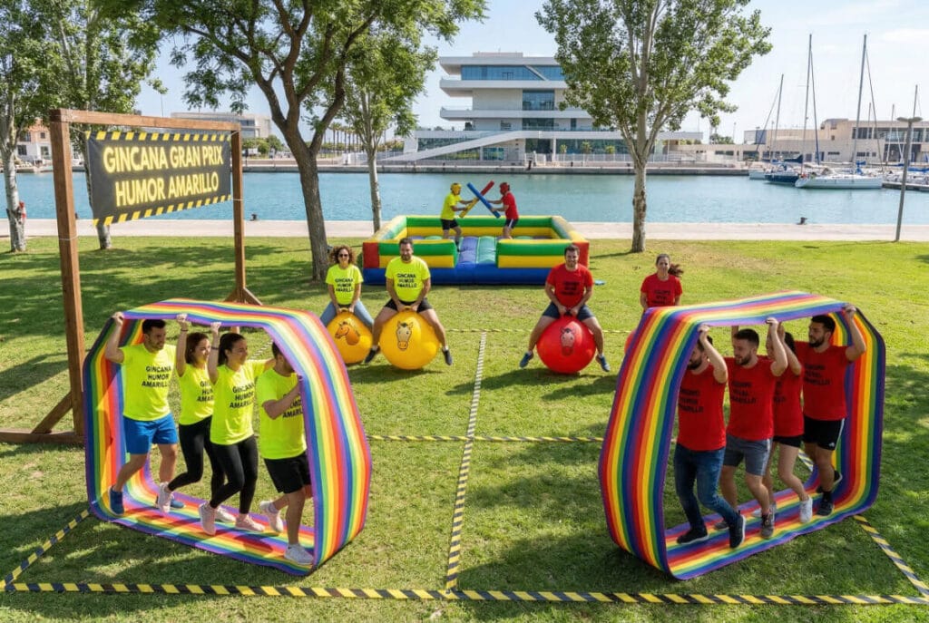 Dos equipos compitiendo en la gincana Gran Prix Humor Amarillo en Valencia con pruebas hinchables junto a la Marina