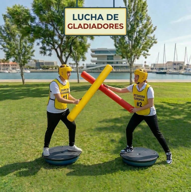 Prueba de lucha de gladiadores en una gincana de humor amarillo en Valencia