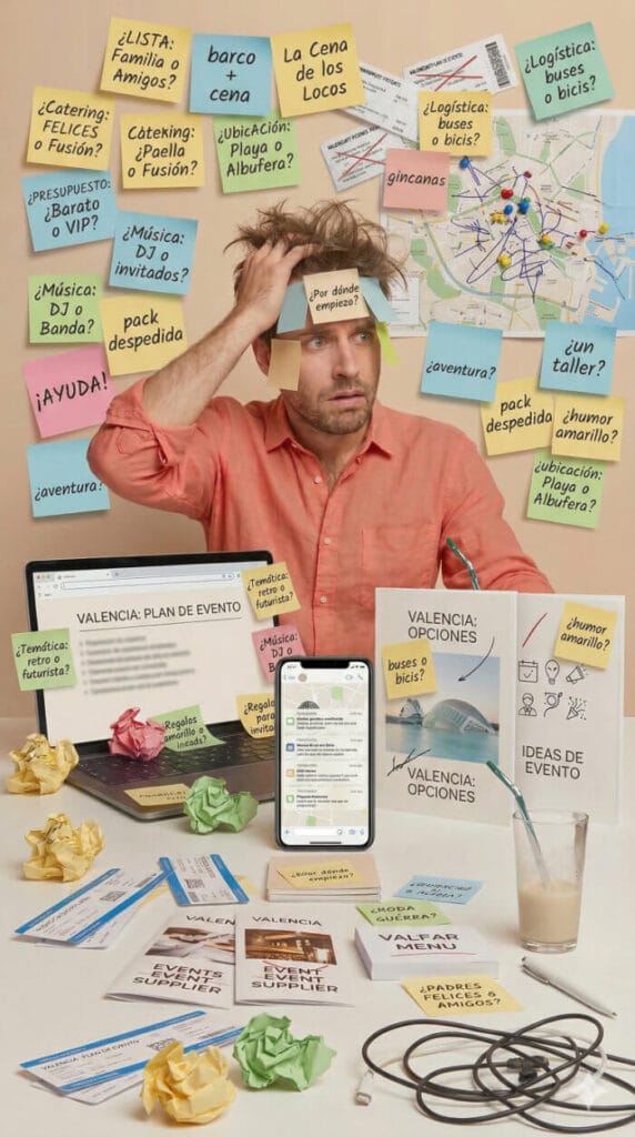Organizador de despedida estresado rodeado de post-its con dudas sobre cómo organizar una despedida en Valencia