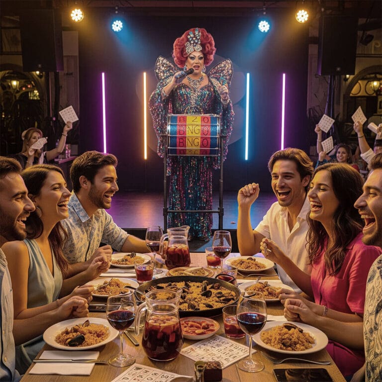 Drag queen presentando un bingo show en Valencia mientras un grupo disfruta de una comida en un restaurante para despedidas