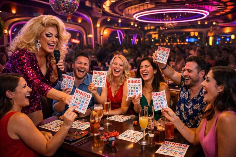 Drag queen animando un bingo show en Valencia con grupo de amigos cenando y jugando en un restaurante para despedidas