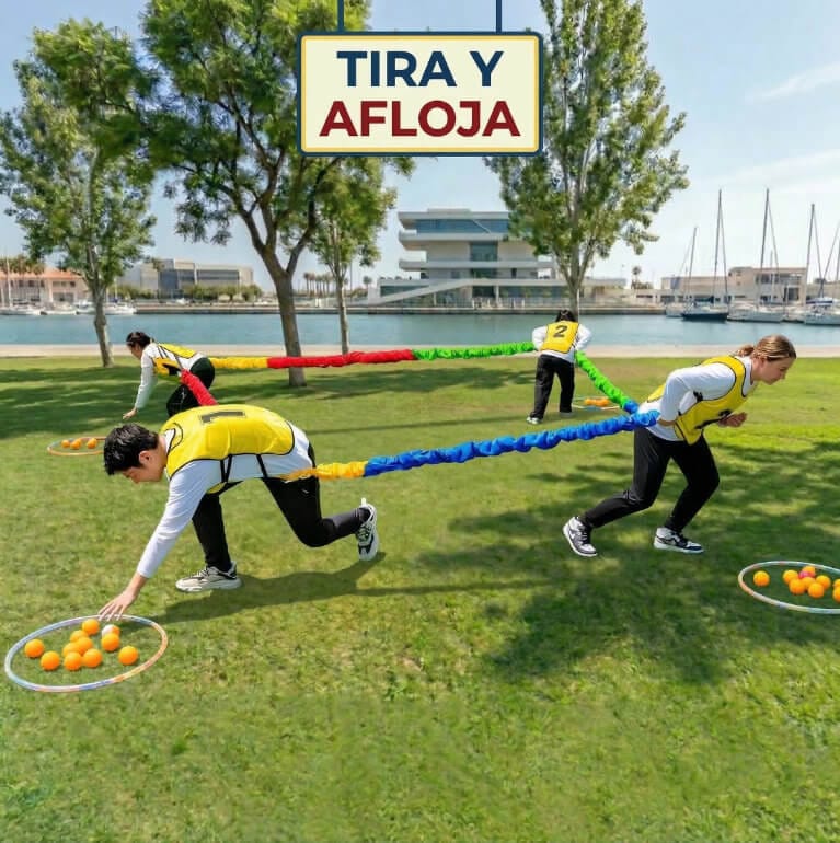 Equipo compitiendo en la prueba tira y afloja de humor amarillo en Valencia