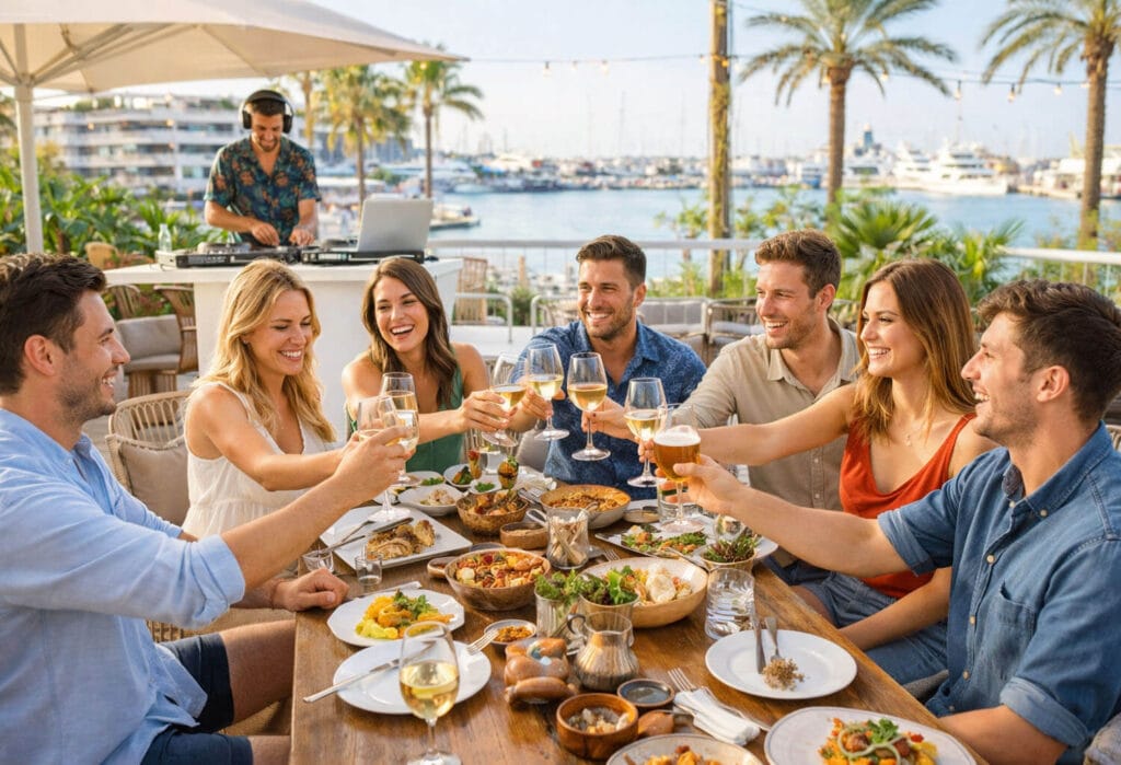 Grupo disfrutando de comida con barra libre en Valencia para despedidas junto al mar
