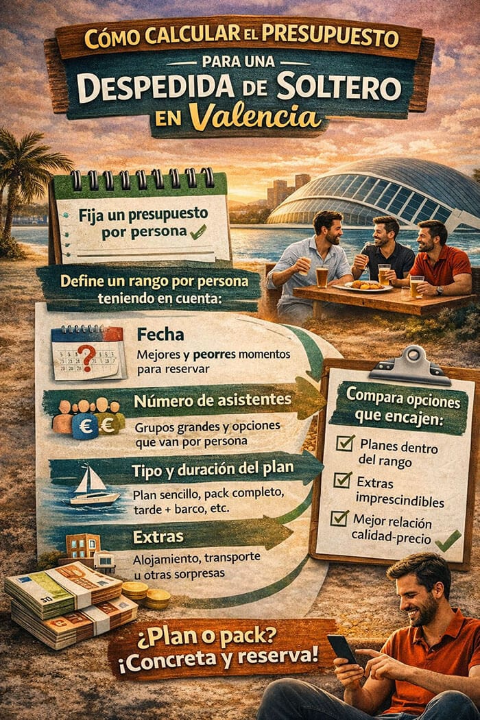 Infografía sobre cómo calcular el presupuesto para una despedida de soltero en Valencia según asistentes, fecha, tipo de plan y extras
