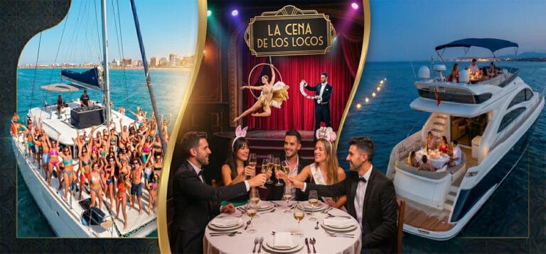 Collage de fiestas para despedidas en Valencia con barco, cena con show y yate privado