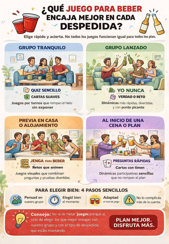 Infografía sobre juegos para beber en una despedida según tipo de grupo y momento del plan