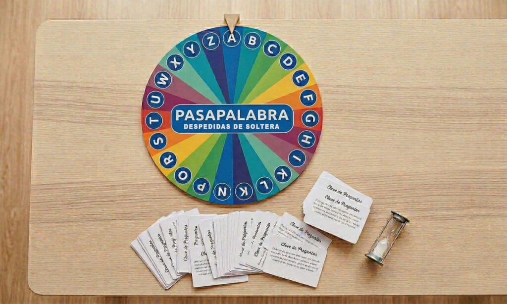 Tablero de Pasapalabra para despedida de soltera con tarjetas de preguntas y reloj de arena sobre una mesa