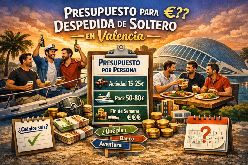 Grupo de amigos en Valencia planificando el presupuesto para una despedida de soltero con planes de barco, comida y actividades