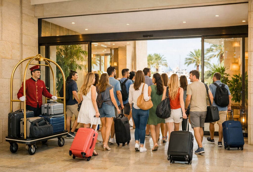 Grupo entrando a un hotel para alojamiento para despedidas en Valencia