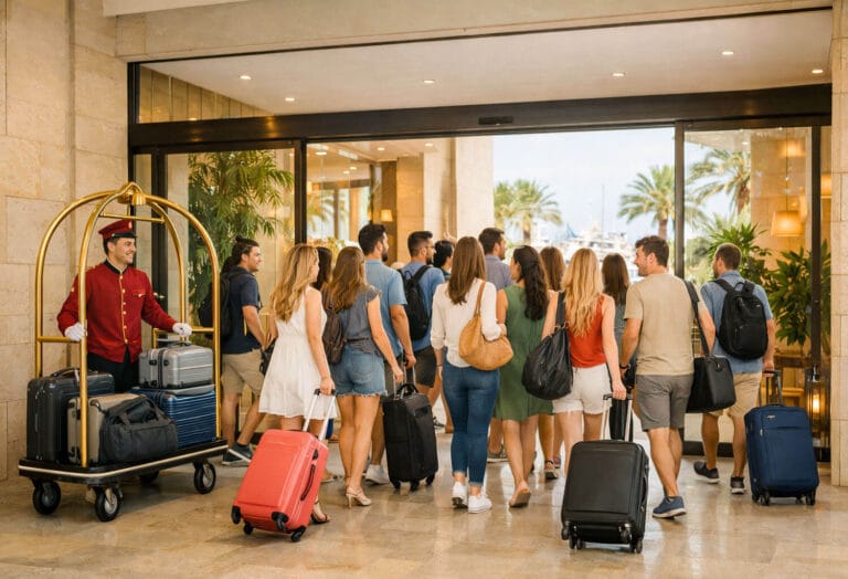 Grupo entrando a un hotel para alojamiento para despedidas en Valencia