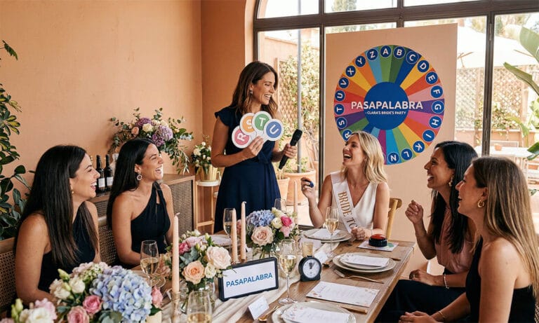 Grupo de amigas jugando al Pasapalabra en una despedida de soltera con la novia sentada en la mesa