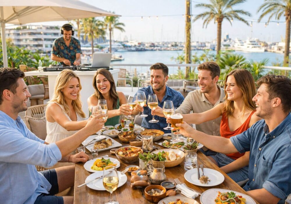 Grupo disfrutando de comida con barra libre en Valencia para despedidas junto al mar