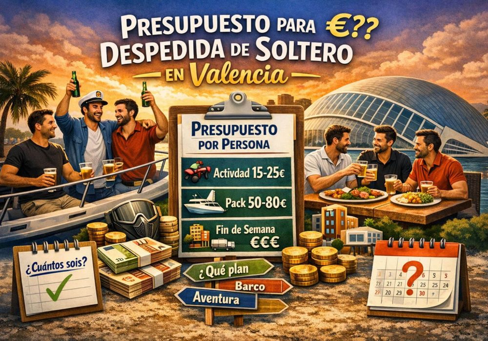 Grupo de amigos en Valencia planificando el presupuesto para una despedida de soltero con planes de barco, comida y actividades