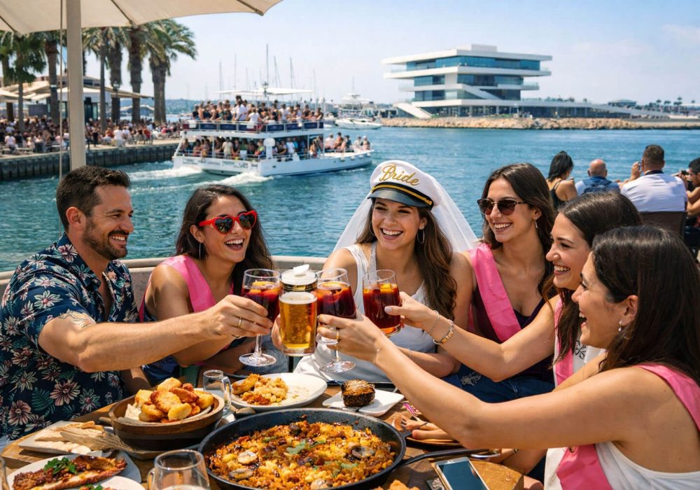 Grupo celebrando una comida para despedidas en Valencia en un restaurante junto al puerto